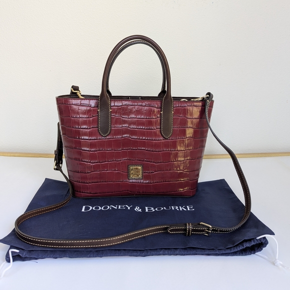 Dooney & Bourke CrocEmbossed Leather Satchel  Burgundy/Brown Crossbody Strap - Picture 1 of 11